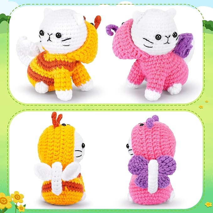 Cats Crochet Kit for Beginners, 2PCS Cats Dressed as Bee and Butterfly Crochet Kits with Step-by-Step Video Tutorials, Beginner Crochet Kits for Adults, Cat Crocheting Kit Gifts for Birthday