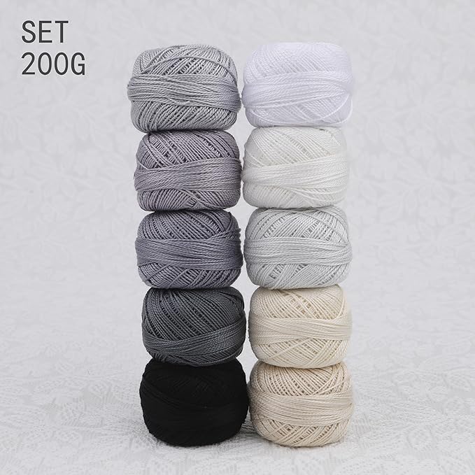 Size 8 Double Mercerized Egyptian Long Staple Cotton Pearl Thread Ball 5 Grams Rainbow Color Embroidery Thread 10 Colors per Box for Crochet Hardanger Cross Stitch Hand Embroidery (Set G)