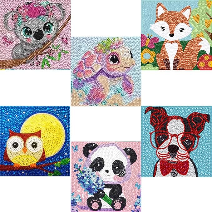 SHICERNHJ 6 Pack Diamond Painting Kits for Kids Beginners,Animal Cartoon DIY Diamond Art Kits for Kids Ages 6-8-10-12Home Wall Decoration 6X6 inch