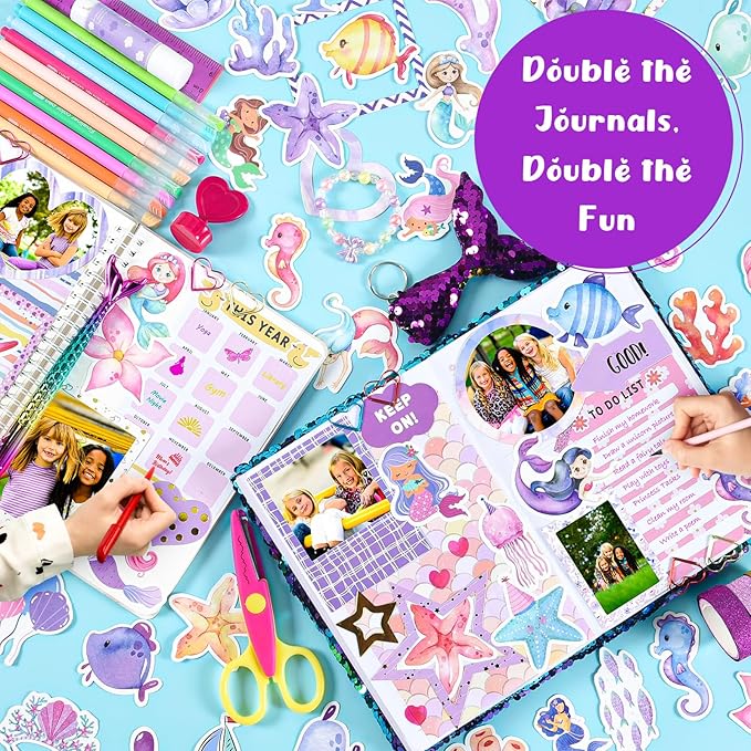 2-pack diy journal kit for girls ages 8-12 13 14 year olds, birthday gifts for teen girls, 110pcs art crafts scrapbook supplies for tween kids, kawaii diary stationary set with mermaid sequin journal