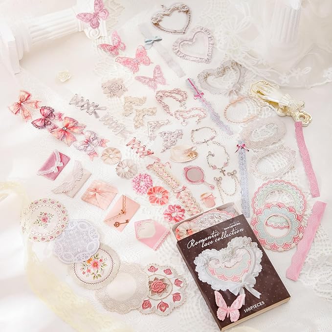 100 Pieces Romantic Lace-Themed Scrapbook Stickers Set, Aesthetic Decorative Stickers for Scrapbooking, Junk Journaling, Crafting, DIY Projects, Diaries and Art Supplies