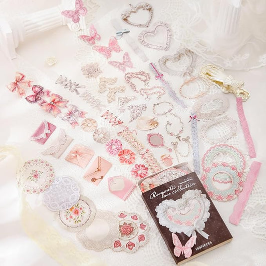 100 Pieces Romantic Lace-Themed Scrapbook Stickers Set, Aesthetic Decorative Stickers for Scrapbooking, Junk Journaling, Crafting, DIY Projects, Diaries and Art Supplies