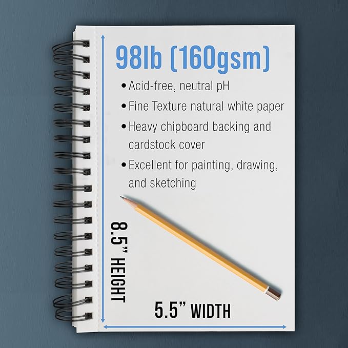 U.S. Art Supply 5.5"x8.5" Mixed Media Sketchbook, 2 Pack (60 Sheets), 98 lb (160 GSM) - Spiral-Bound Pad with Perforated Acid-Free Paper - Artist Sketch Book for Drawing, Painting, Watercolor