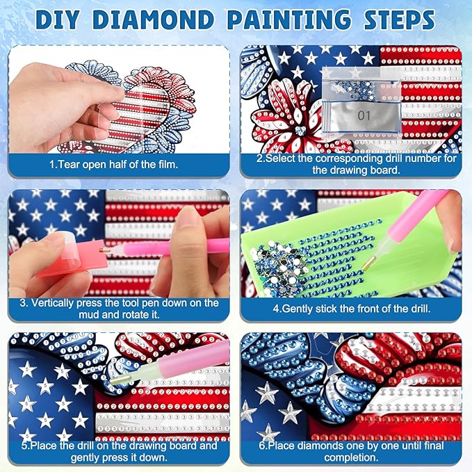 DOMROM 4TH of July Diamond Art Hanging Kit for Adult, Heart Diamond Art Hanging Kit,Patriotic DIY Diamond Art, Independence Day Diamond Hanging Pendant, Window Pendants Home Wall Hanging Ornament