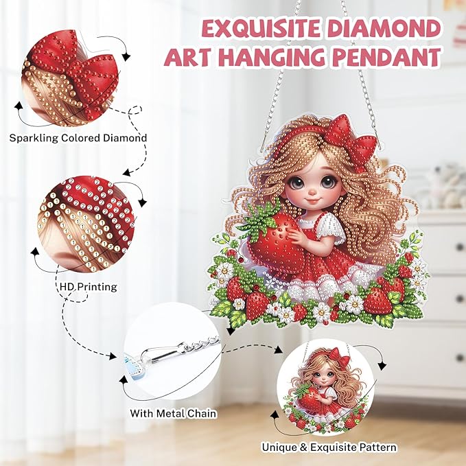 Bowetile Diamond Art Hanging Kits for Adults, Diamond Art Suncatchers Cute Strawberry Girl, 5D Special Shape Diamond Painting Pendant Window Ornament Gifts for Home Wall Door Garden Decor