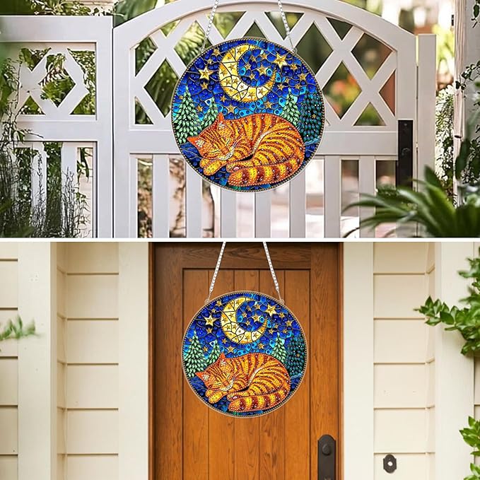 MXJSUA Stained Glass Moon Cat Diamond Painting Art Window Suncatchers, Diamond Art Kits for Adults Hanging Ornaments with Chain, 5D Special Shape Crystal Diamond Pendant Accessories for Decor Gift