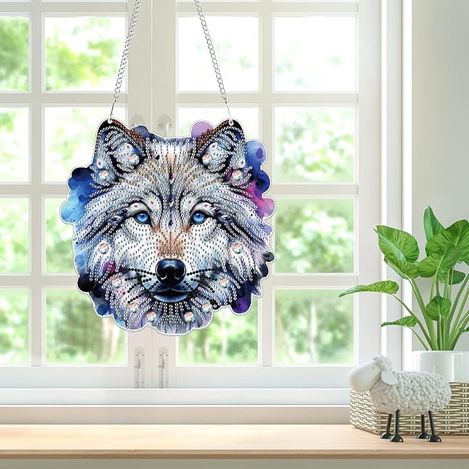 Bowetile Wolf Diamond Art Hanging Kits for Adults, 5D Special Shape Diamond Painting Animals Kits, Animal Gem Art Suncatchers Painting Pendant Ornament for Home Garden Wall Decor