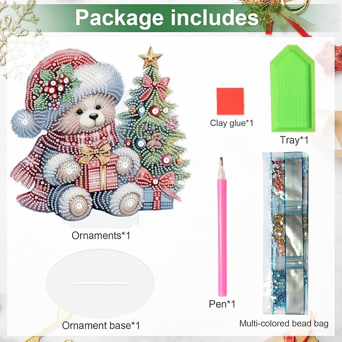 MVVMTOP Christmas Diamond Painting Kits Tabletop Decoration, DIY Bear & Christmas Tree, 5D Diamond Art Home Ornament by Number Mosaic Arts Crafts for Home Office Acrylic Tabletop Decor, New Year Gift