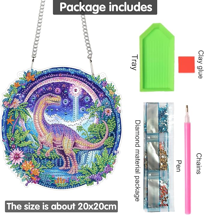 Yomiie DIY Double Sided Sun Catcher Window Hanging – Dinosaur Animal Diamond Painting Pendant Kits, 5D Acrylic Diamonds Hanging Craft for Adults, Diamond Art Ornament for Outdoor/Indoor Decor 8x8 inch