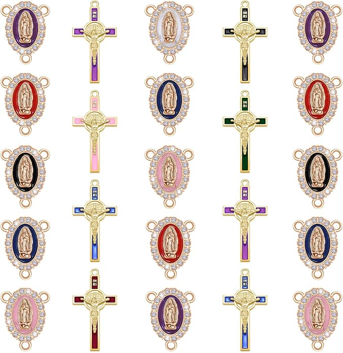 48Pcs/24Sets Rosary Making Kits Supplies Religion Cross and Center Medal Charms Alloy Enamel Rhinestones Virgen de Guadalupe Pendant for Diy Catholic Prayer Necklace
