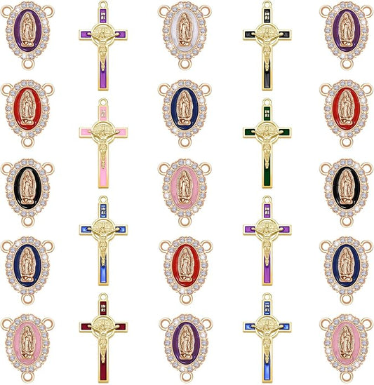48Pcs/24Sets Rosary Making Kits Supplies Religion Cross and Center Medal Charms Alloy Enamel Rhinestones Virgen de Guadalupe Pendant for Diy Catholic Prayer Necklace