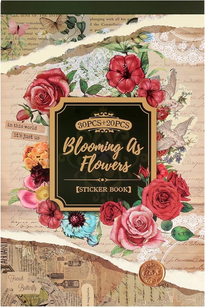 Vintage Flowers Scrapbook Stickers with 400 Pre-Cut journaling Sticker 20 Scrapbook Paper washi Stickers for Journaling Floral Scrapbooking Sticker