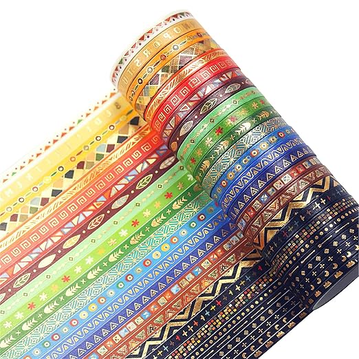 Dizdkizd Slim Washi Tape, Foil Gold Washi Tape Skinny for Planners Scrapbooks Cards Decoration, Tribal Ethnic Patterns, 3mm/5mm, 3m per Roll, A Set of 26 Rolls