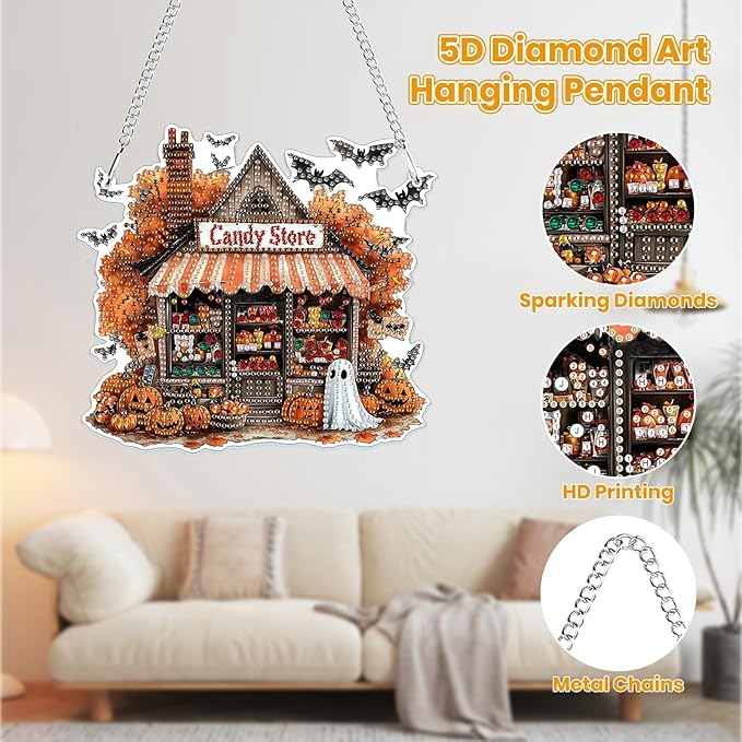 MOGTAA Halloween Diamond Art Hanging Pendant Kits, Fall Pumpkin Diamond Art Kits for Adults, 5D Special Shape Diamond Painting Candy Store Gem Art for Home Wall Decor