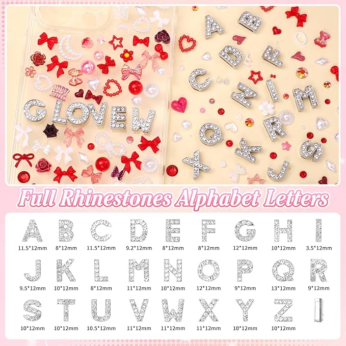 330 Pcs Junk Phone Case Charms 26 Pcs A-Z Rhinestone Alphabet Letter Charm, Mix Red White Flower Bow Heart Pearls Flatback Resin Charms Letter Junk Cases Kit for DIY Crafts
