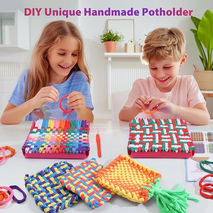 morwant Easter Basket Stuffers for Girls Ages 6-12, DIY Weaving Loom Craft Kit, Spring Break Activity Potholder Maker with 7" Loom & Rainbow Loops, Creative Arts and Crafts Toys Gifts