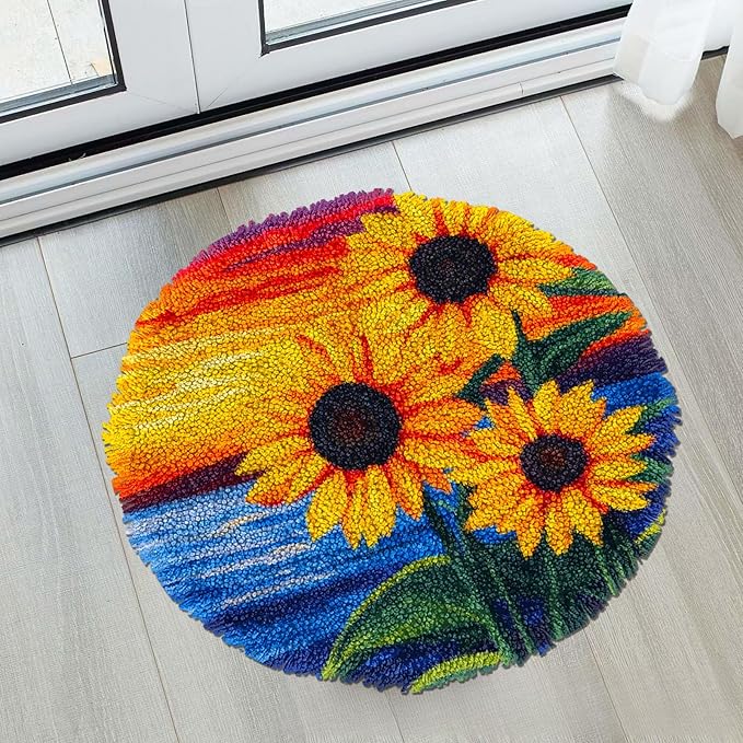 Latch Hook Rug Kit Sunflowers Beside Sea and Sunset Stamped Handmade Round Shape Carpet Crochet Yarn Craft DIY Hook and Latch Door Mat Tapestry Christmas Home Floor Decor 20x20in-8