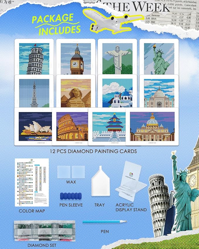 forever young Minigem Small Diamond Art Kits for Beginners, 12Pcs World-Famous Landmark Square Diamond Painting Kits for Adults, 3-Hour Postcard-Style Mini Diamond Art Kits (5x7 Inch)