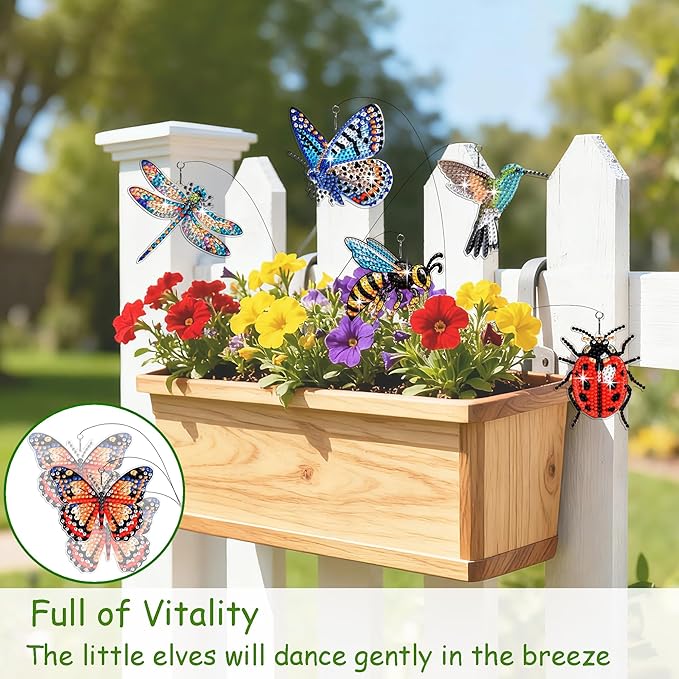 Muzagroo Art 10 Pcs Diamond Art Kits for Garden Decor Butterflies Hummingbirds Swaying in The Wind Insects Diamond Painting Kits for Adults with Iron Stakes Garden Decor Gem Art Kits Adults Crafts