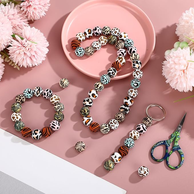 Ferreve 60 Pcs 15mm Silicone Beads Bulk Leopard Print Round Focal Beads Rubber DIY Silicone Loose Bead for Bracelet Making Kit for Keychain Pens Necklace Bracelets Jewelry Making