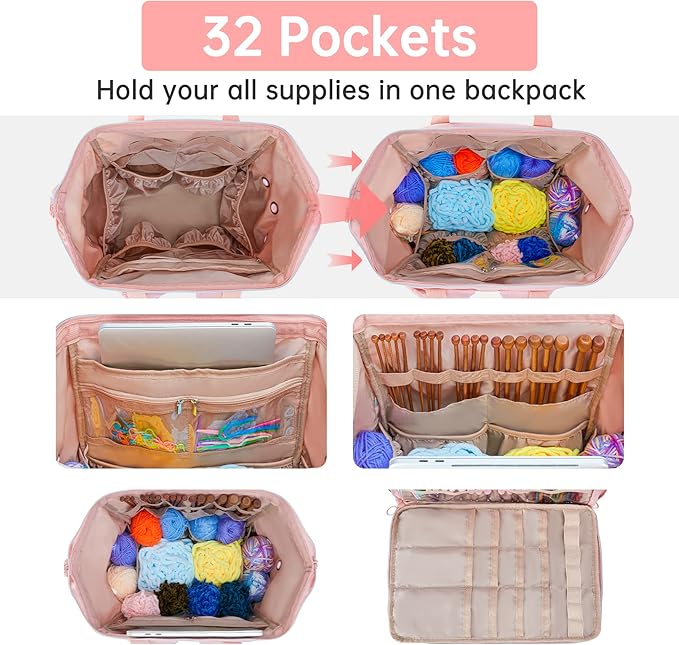 Leudes Knitting Bag Backpack, Yarn Storage Organizer Large Crochet Bag Tote Christmas Gift Yarn Holder Case for Carrying Projects, Knitting Needles (Upgraded Pink)