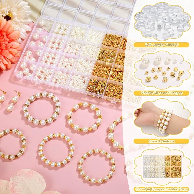 1352 Piece Gold Spacer and Pearl Beads for Bracelets, Assorted Gold and Pearl Beads for Jewelry Making