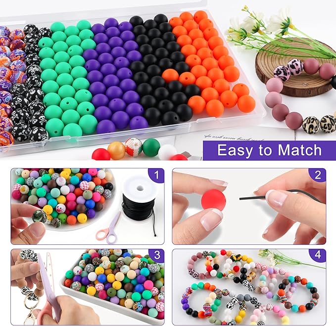 150Pcs Mixed Color 15mm Silicone Beads for Keychain Making, Purple Orange Halloween Print Silicone Beads for Pens and Bracelet Jewelry Making