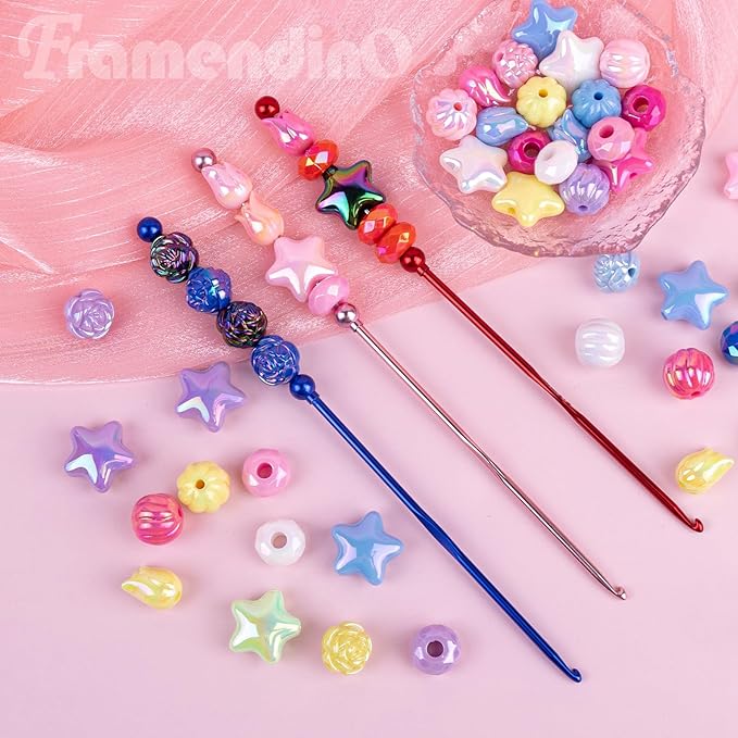 Framendino, 6 Pack DIY Beadable Crochet Hooks Knitting Needles Set Aluminum Handle 3 mm for Focal Beads Colors