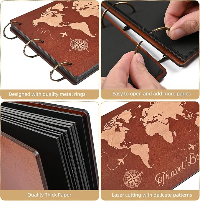 Giiffu Wooden Scrapbook Album for Travel Memories, DIY Photo Scrapbooking Book with Accessories, 100 Pages Personalized Adventure Memory Journal, Gift for Graduation, Birthday & Couples