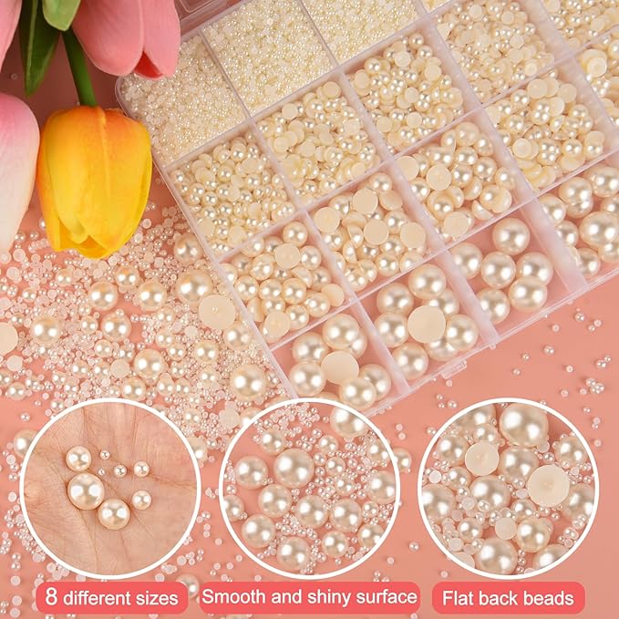 NEBURORA 13000 Pcs Ivory White Flat Back Pearl Kit 8 Sizes with Tweezer and Picker Pencil Beige Half Round Flatback Pearls Beads for DIY Crafts Nails Makeup Clothes