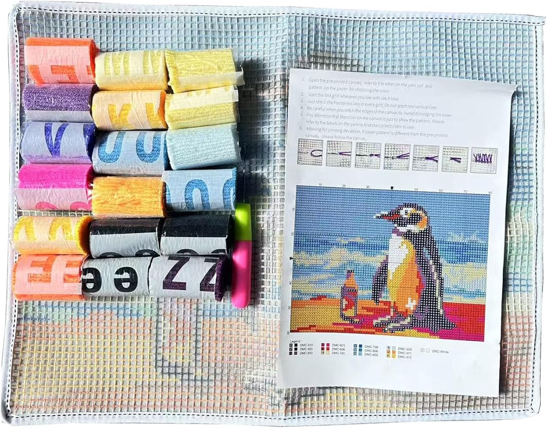 GLAECYY Latch Hook Kits Rug Crochet Yarn Kit Cushion Colour Pre-Printed Canvas Rug Needlework DIY Hook and Latch Kit (Seaside Penguin)