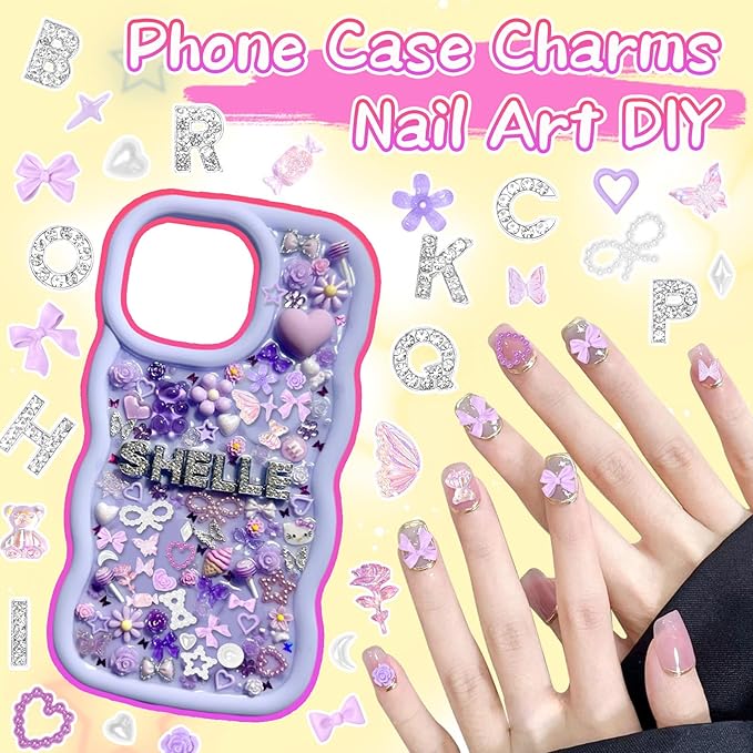330 Pcs Purple Junk Phone Case Charms 26 Pcs A-Z Rhinestone Alphabet Letter Charms, Mix Flower Bow Heart Pearls Flatback Resin Charms Letter Junk Cases Kit for DIY Crafts