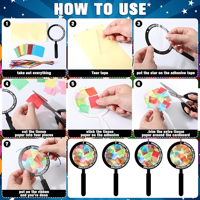 Motipuns 32 Sets Magnify Suncatchers Craft Kits DIY Magnifying Glass Shape Church Christian Religious VBS Craft Stained Glass Effect Tissue Paper Kit for Sunday School Resurrection Window Art