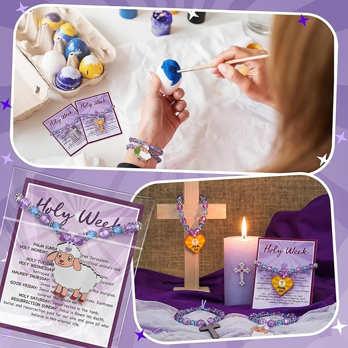 Liliaafar 24 Sets Easter Crafts Holy Week Bead Bracelet Craft Kits with Card Easter Party Favors DIY Holy Week Sunday Beaded Gifts Religious Christian Bracelet Kits for Spring Art Gifts