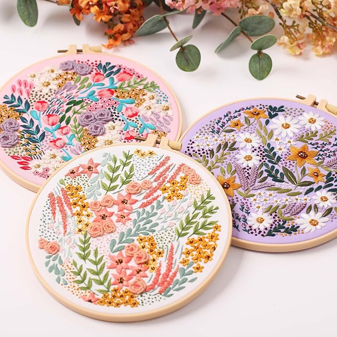reewisly 3 pack embroidery starter kit with patterns and instructions, diy adult cross stitch kits beginner, including 3 plastic embroidery rings, 1 scissors, colored threads and needles