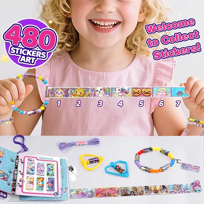 plunack diy bracelet sticker with book, includes 480pcs wearable & shareable stickers, kids beading set bracelet necklace making kits for ages 5 6 7 8 years old girls (480 stickers+collection book)