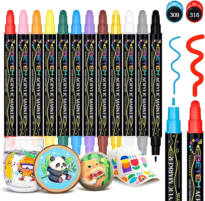 Betem 12 Colors Dual Tip Acrylic Paint Pens Markers, Fabric Decorating Kits Premium Water-Based Acrylic Paint Markers for Fabric, Rock, Wood, Glass, Eggs, Canvas, Ceramic, Easter Basket Stuffers