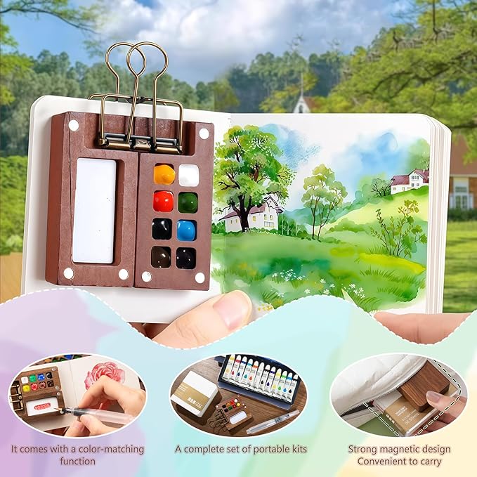 EVOCKAY Portable Watercolor Travel Set - Mini Artist Paint Palette with Clip, 12 Vibrant Colors in 8 Grids, Perfect for Artists, Painters & Students - Wooden Travel Kit