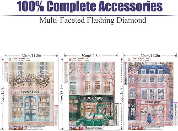 ARPADAMO 3 Pcs Diamond Art Kits for Adults,5D Pink Book shop Diamond Painting DIY books Diamond Art Diamond Painting Kits for Adult,Round Full Drill Diamonds, Diamond Art Kits for Home Decor-12x16inch