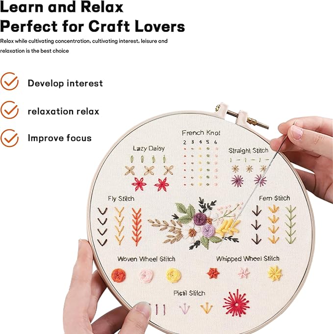 JOINRUN 4 Pack Beginner Embroidery Kit for Adults, Learn Stitches with Pre-Stamped Patterns, Step-by-Step Guide & Video, 7.8" Hoop, Threads & Needles, DIY Needlework Craft Gift for Women