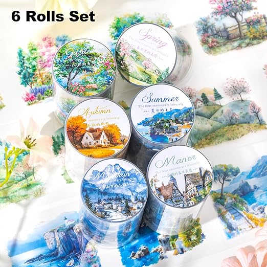 Four Seasons PET Tape Set, 6 Rolls Pre-Cut Scenic Landscape Stickers for Scrapbooking, Journaling, DIY Crafts, and Gift Wrapping