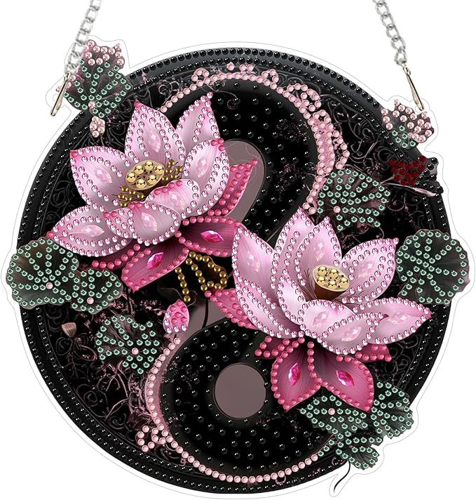 Lxmsja DIY Yin Yang Diamond Painting Hanging Ornament, Double-Sided Acrylic Lotus Flower Diamond Art Kit, Special Shaped Suncatcher Hanging Pendant Window Art Kit 8x8 inch