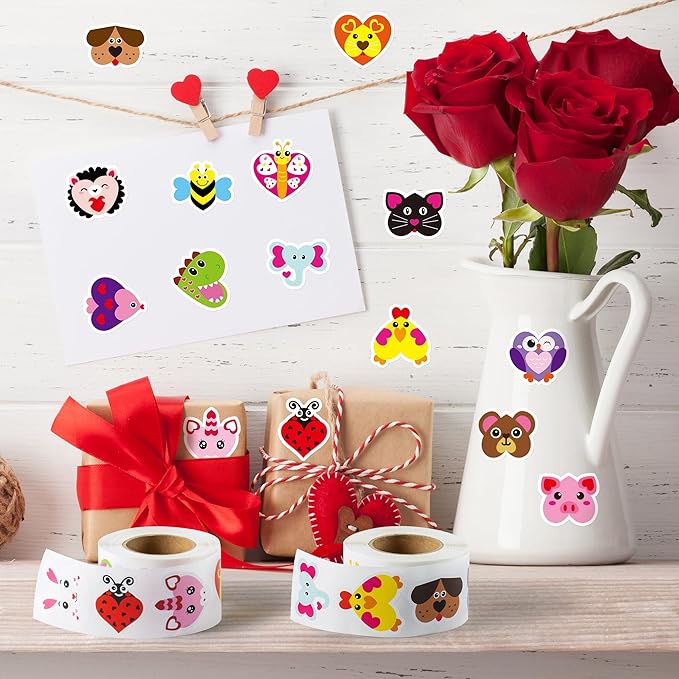 beyumi 1000pcs valentine's day heart shaped animal stickers in 2 rolls for kids valentine heart labels waterproof vinyl decals for greeting cards envelope scrapbooking party decor gift for girls teens