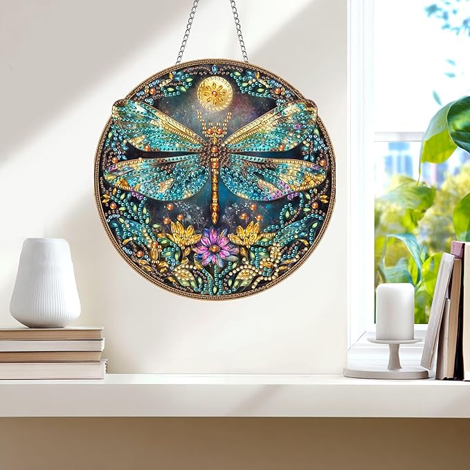Wergund 5D DIY Dragonfly Diamond Art Hanging Kits, Hanging Diamond Art Animal, Acrylic Special Shaped Rhinestone, Window Hanging Pendants for Home Wall Garden Front Door Outdoor Decor Gift(Dragonfly)
