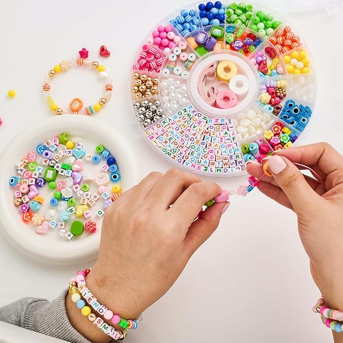 minimissmianyc 594pcs bead bracelet making kit for kids,colorful pony beads pearl shell flower evil eyes star carft friendship bracelet necklace jewelry making supplies kit gifts for boys girls women