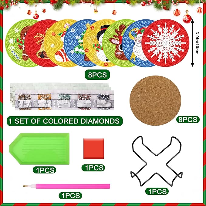 UPINS 8Pcs Christmas Diamond Art Painting Coasters with Holder for Drinks DIY Life Coaster Diamond Art Kits for Adults Kids Beginners Diamond Art Craft Supplies