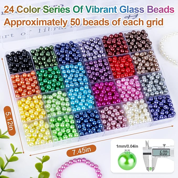 XSEINO About 1200+ PCS 6mm Imitation Pearl Style Glass Beads Bracelet Making Kit, 24 Assorted Colors Imitation Pearl Series Crystal Beads for Jewelry Making and DIY Crafts, Friendship Bracelets