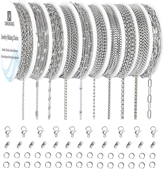 UMAOKANG Stainless Steel Chain for Jewelry Making 78.7 Feet 10 Rolls Stainless Steel Chains Bulk for Necklace Bracelet DIY Jewelry Making Supplies Findings