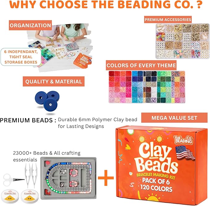 23000+ Clay Beads Bracelet Making Kit for Girls-120 Colors 6 boxes, Polymer Heishi Beads for Jewelry Making Kit, Charms for Bracelets,Bead Board Arts and Crafts Gifts for kids Fun Crafts for adults