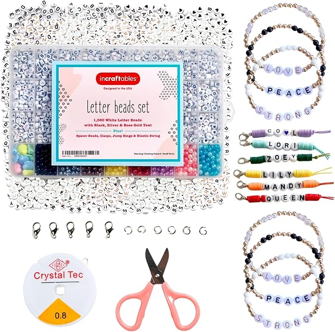 Incraftables 3-Color Alphabet Beads for Jewelry Making (7mm, 1080pcs). A-Z Black, Silver & Rose Gold Set for DIY Bracelets & Crafts. Letter Mix with Elastic String & Organizer.